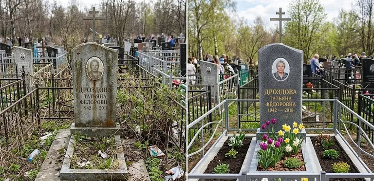 Диптих №4: свежепокрашенная серебром оградка и отмытый красный гранит — до и после в Нижневартовске