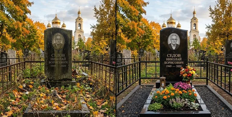 Уборка могилы до и после осенью — у церкви в Нижневартовске