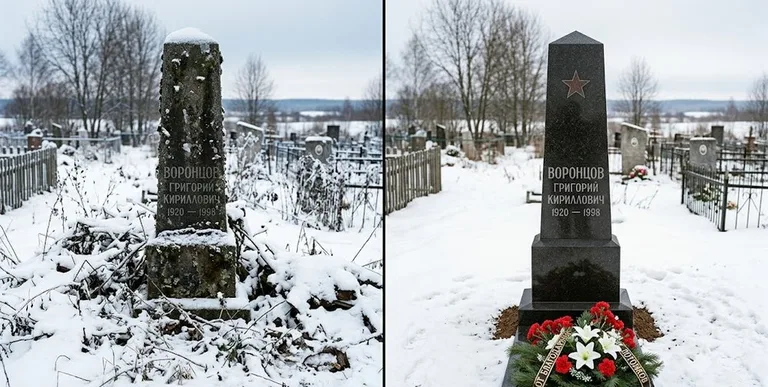Уборка могилы до и после зимой — воинский обелиск в Нижневартовске