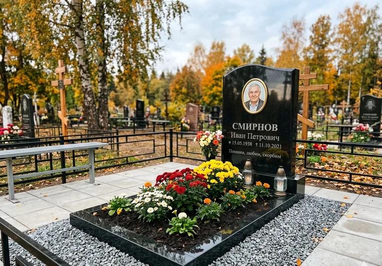 Ухоженная могила после уборки и мойки памятника в Нижневартовске