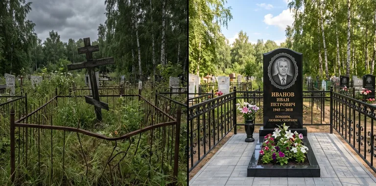 Благоустройство могилы до и после установки памятника в Нижневартовске