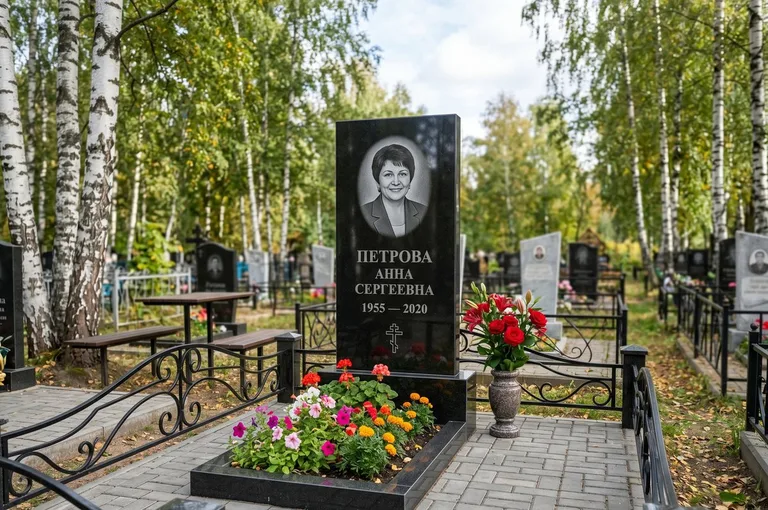 Гранитный памятник с цветником и плиткой в Нижневартовске