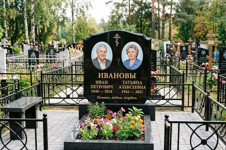 Установленный гранитный памятник с цветником и благоустройством в Нижневартовске