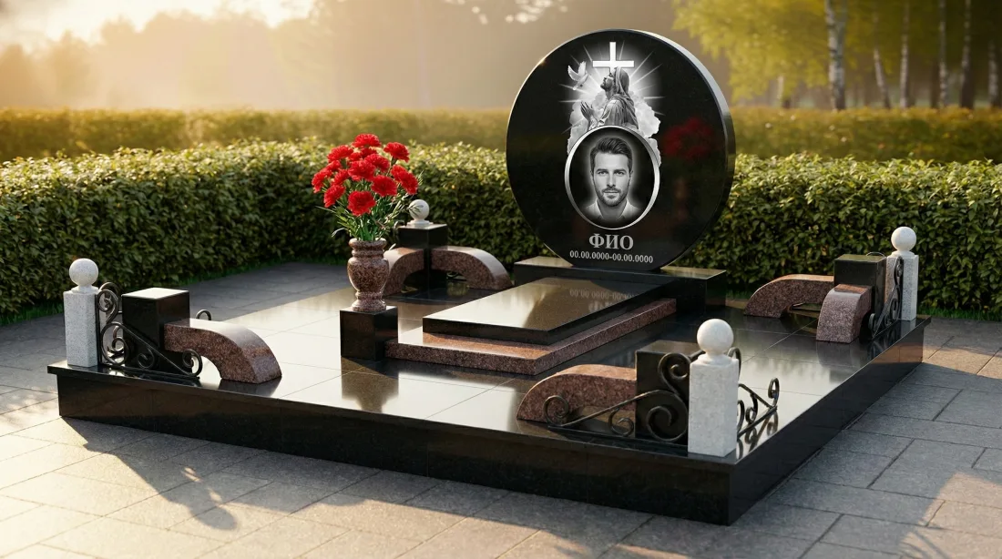 Памятник дедушке круглой формы из чёрного гранита с овальным портретом, гравированным крестом и розами, букет красных гвоздик Памятник дедушке круглой формы из чёрного гранита с овальным портретом, гравированным крестом и розами, букет красных гвоздик