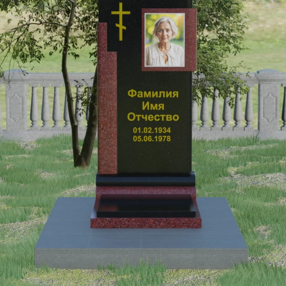 Православный вертикальный памятник с крестом из гранита амфиболит в Ставрополе, гранит Габбро-диабаз, вид 2