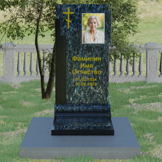 Православный вертикальный памятник с крестом из гранита амфиболит в Ставрополе, гранит Блю Перл, вид 2