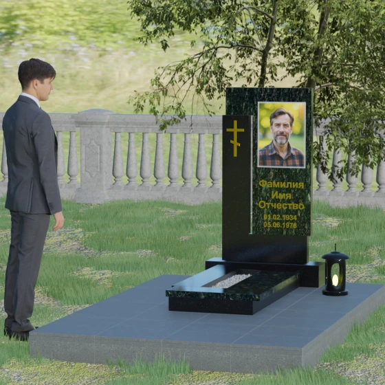Комбинированный памятник с Г-образным элементом, гранит Балтик грин, вид 4
