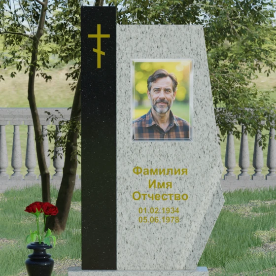 Комбинированный памятник с колонной из красного гранита, гранит Мансуровский