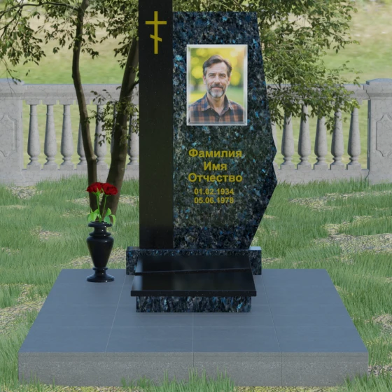 Комбинированный памятник с колонной из красного гранита, гранит Блю Перл, вид 2