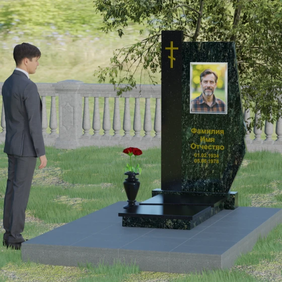 Комбинированный памятник с колонной из красного гранита, гранит Балтик грин, вид 3
