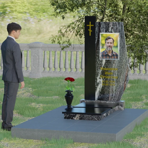 Комбинированный памятник с колонной из красного гранита, гранит амфиболит, вид 3
