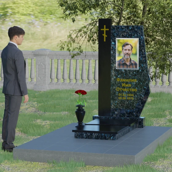 Комбинированный памятник с колонной из красного гранита, гранит Блю Перл, вид 3