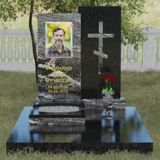 Православный комбинированный памятник с крестом в Салехарде, гранит амфиболит, вид 2