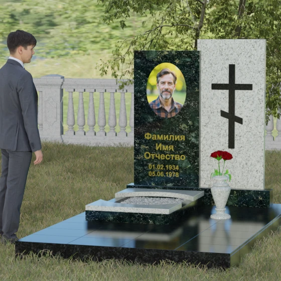 Православный комбинированный памятник с крестом в Салехарде, гранит Балтик грин, вид 4