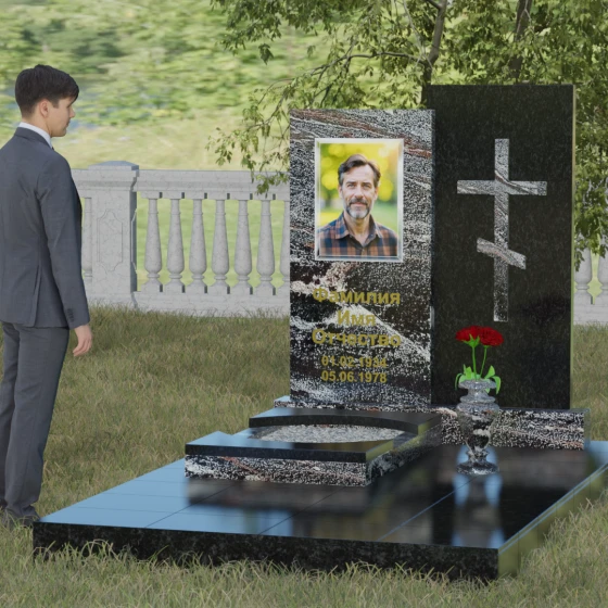 Православный комбинированный памятник с крестом в Салехарде, гранит амфиболит, вид 4