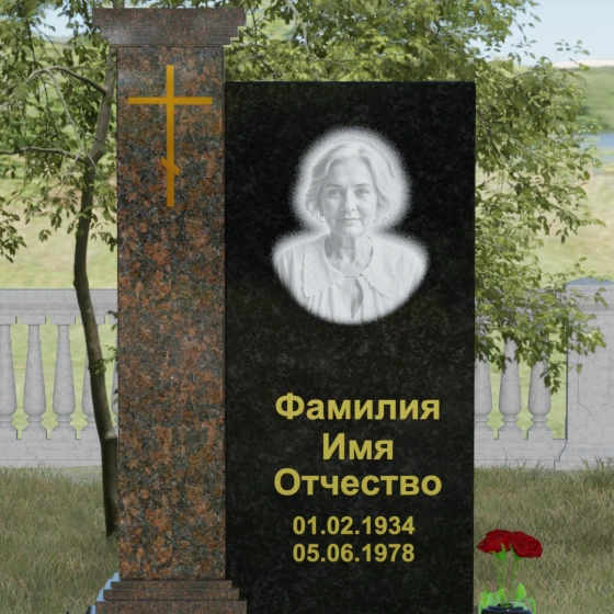 Гранитный православный вертикальный памятник с крестом в Калининграде, гранит Габбро-диабаз