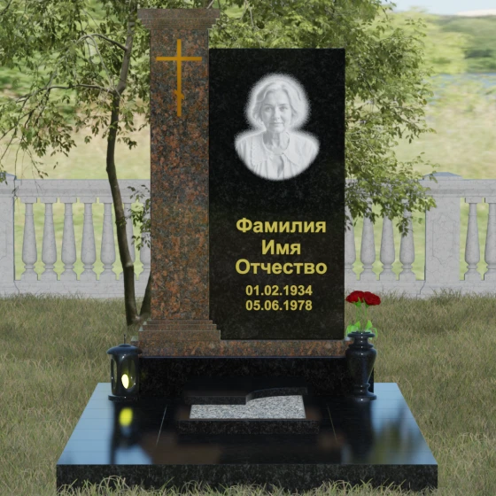 Гранитный православный вертикальный памятник с крестом в Калининграде, гранит Габбро-диабаз, вид 2
