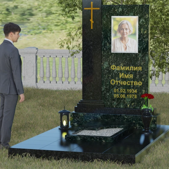 Гранитный православный вертикальный памятник с крестом в Калининграде, гранит Балтик грин, вид 4