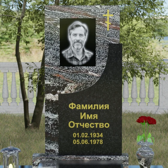Вертикальный гранитный памятник с крестом в Челябинске, гранит амфиболит