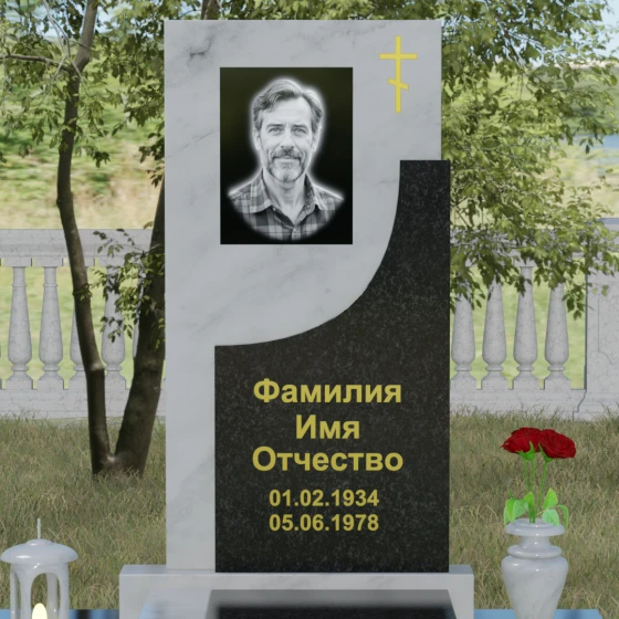 Вертикальный гранитный памятник с крестом в Челябинске, мрамор Тассос