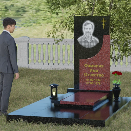 Вертикальный гранитный памятник с крестом в Челябинске, гранит Габбро-диабаз, вид 4