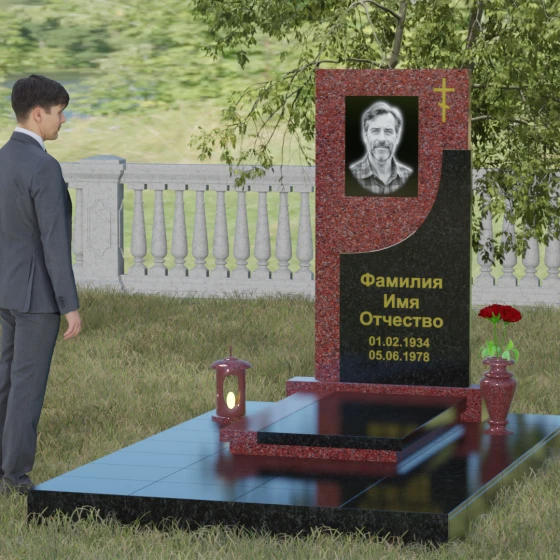 Вертикальный гранитный памятник с крестом в Челябинске, гранит Лезниковский, вид 4