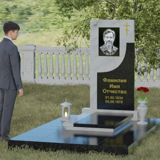Вертикальный гранитный памятник с крестом в Челябинске, мрамор Тассос, вид 4