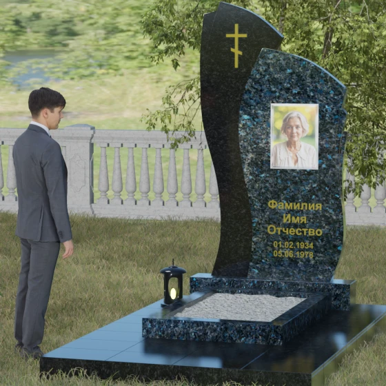 Комбинированный памятник с крестом в Воронеже, гранит Блю Перл, вид 4