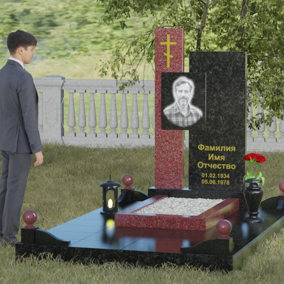 Мемориальное изделие с асимметричными стелами и золоченым крестом, гранит Габбро-диабаз, вид 4