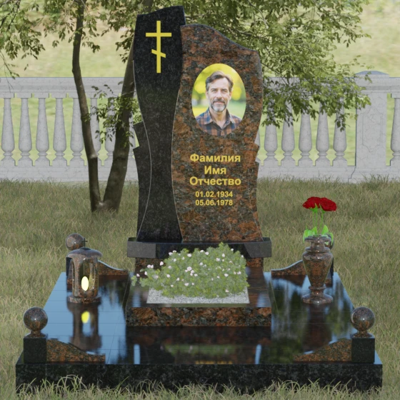 Вертикальная стела с волной и крестом, гранит Дымовский, вид 2