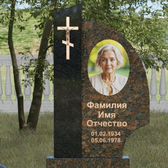 Памятник — крыло с распятием и шарами, гранит Дымовский, в Якутске