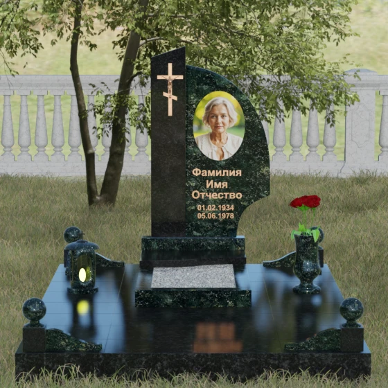 Памятник — крыло с распятием и шарами, гранит Балтик грин, вид 2, в Якутске
