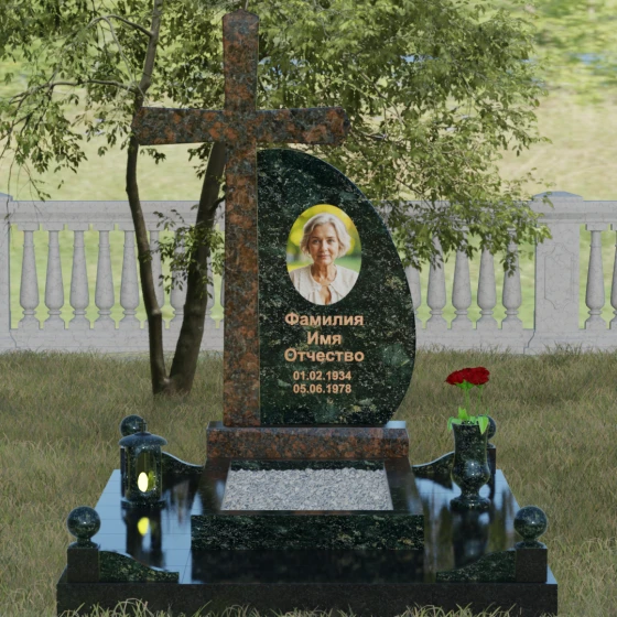 Гранитный монумент с крестом и полукругом, гранит Балтик грин, вид 2, в Якутске