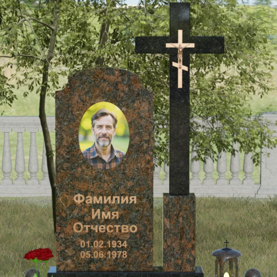 Гранитный вертикальный памятник с крестом во Владивостоке, гранит Дымовский