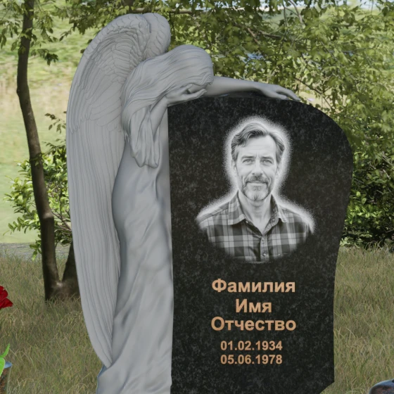 Элитный гранитный монумент со скорбящим ангелом, гранит Габбро-диабаз, в Якутске