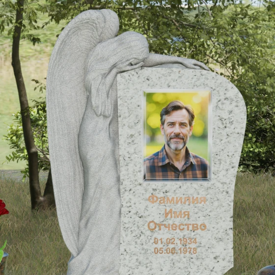 Элитный гранитный монумент со скорбящим ангелом, гранит Мансуровский, в Якутске