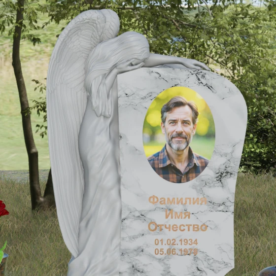 Элитный гранитный монумент со скорбящим ангелом, мрамор Тассос, в Якутске