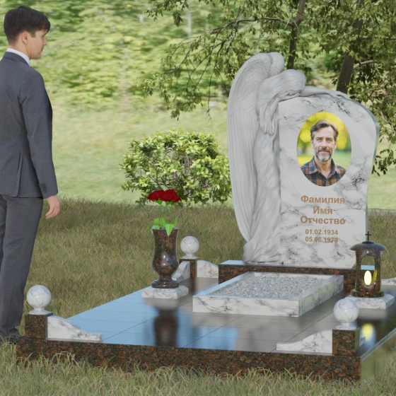 Элитный гранитный монумент со скорбящим ангелом, мрамор Тассос, вид 4, в Якутске
