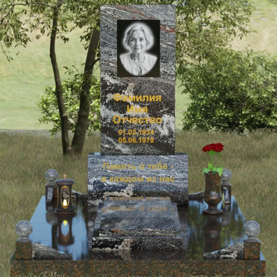 Комбинированный вертикальный памятник светский во Владивостоке, гранит амфиболит, вид 2