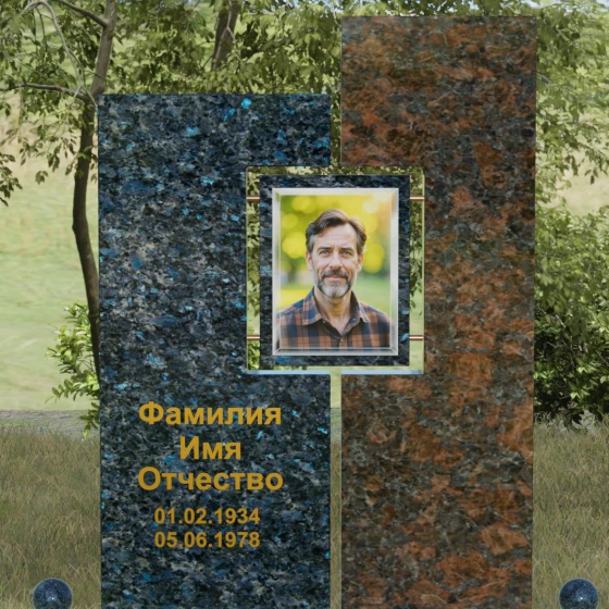 Светский комбинированный вертикальный памятник в Хабаровске, гранит Блю Перл