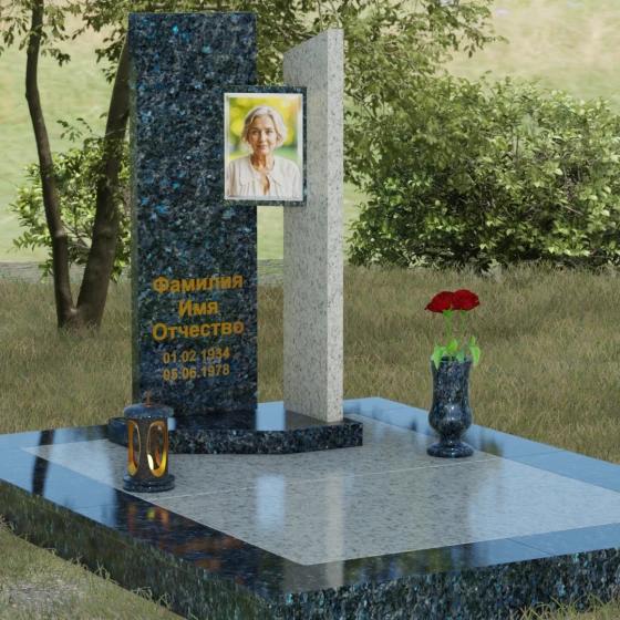 Вертикальный комбинированный светский памятник в Рязани, гранит Блю Перл, вид 2