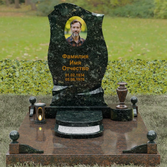 Мемориал с объемной драпировкой и волной из камня, гранит Балтик грин, вид 2