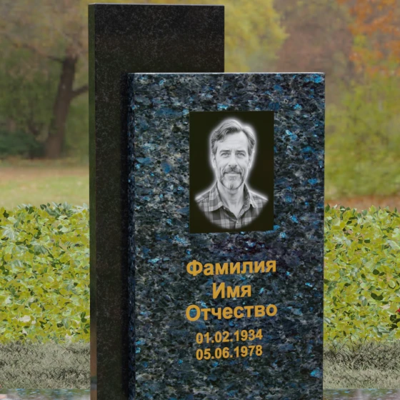 Вертикальный гранитный памятник с православным крестом, гранит Блю Перл