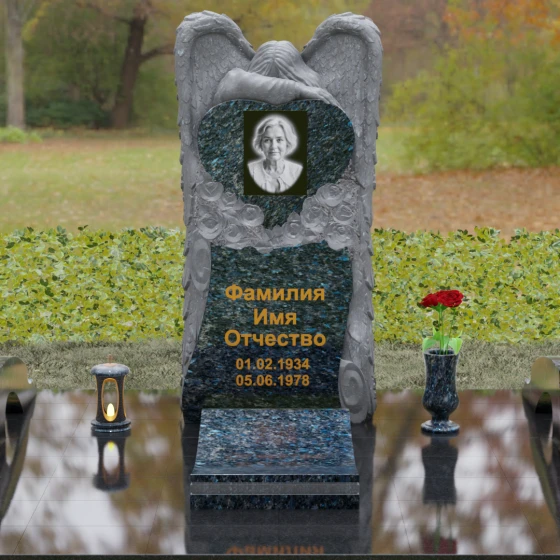 Памятник с фигурой скорбящего ангела, гранит Блю Перл, вид 2