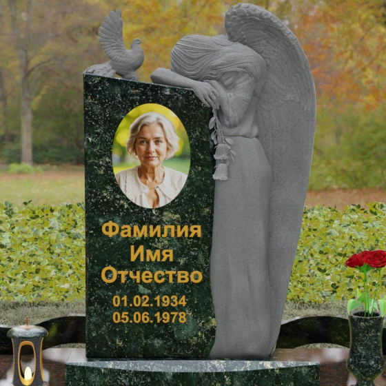 Элитный комбинированный вертикальный светский памятник во Владивостоке, гранит Балтик грин
