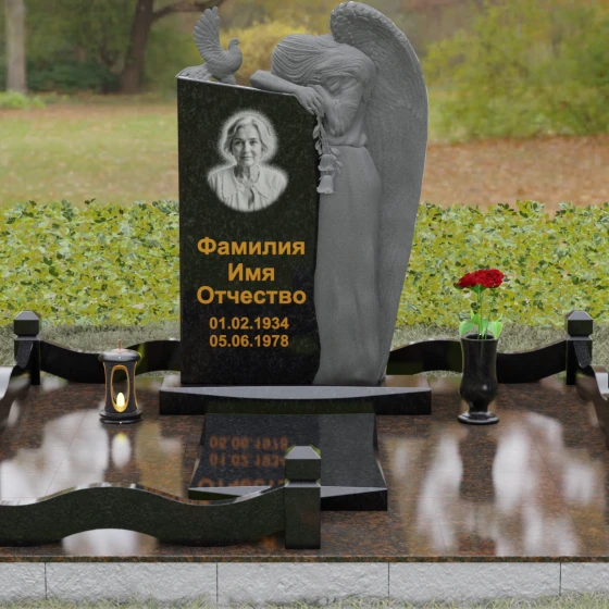 Элитный комбинированный вертикальный светский памятник во Владивостоке, гранит Габбро-диабаз, вид 2