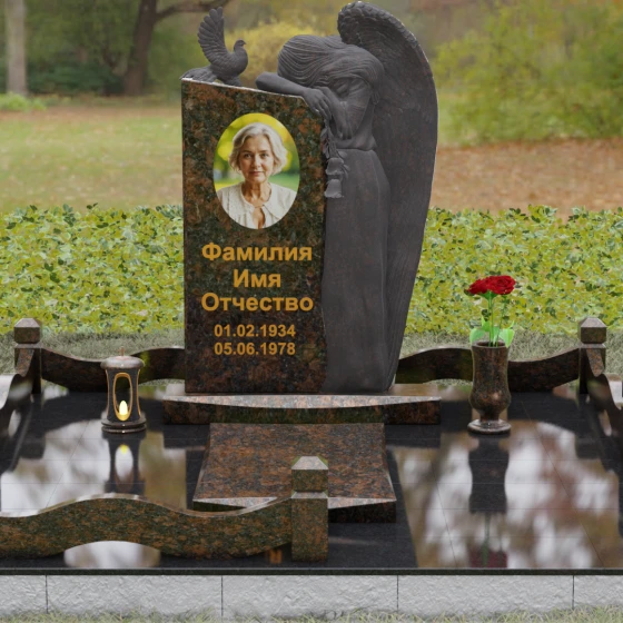 Элитный комбинированный вертикальный светский памятник во Владивостоке, гранит Дымовский, вид 2