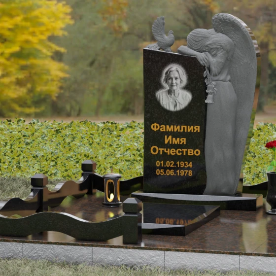 Элитный комбинированный вертикальный светский памятник во Владивостоке, гранит Габбро-диабаз, вид 4