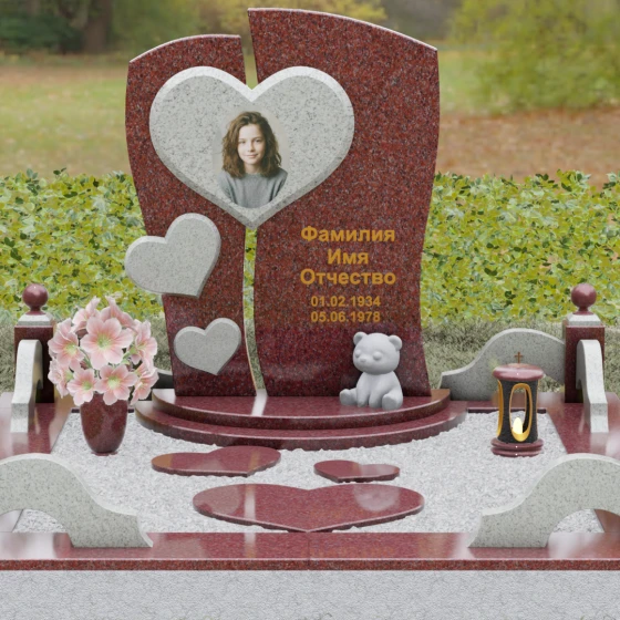 Памятник с сердцем и изогнутой стелой из камня, гранит Лезниковский, вид 2