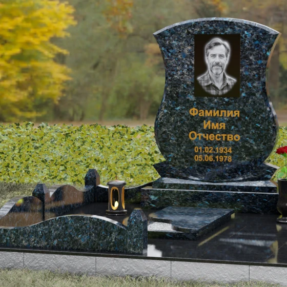 Гранитное надгробие с фигурными столбиками и мощением, гранит Блю Перл, вид 4, в Якутске